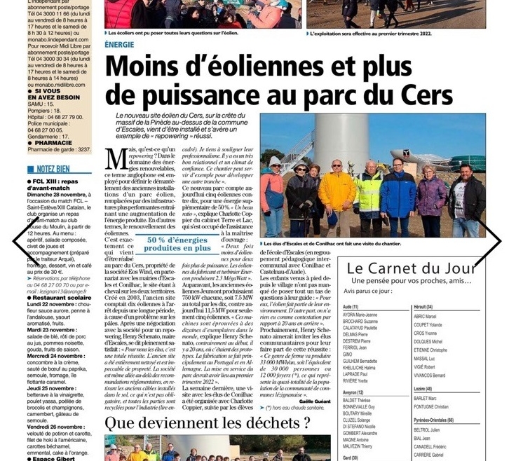 Organisation de la visite du parc éolien du CERS en repowering et réalisation d&rsquo;une vidéo