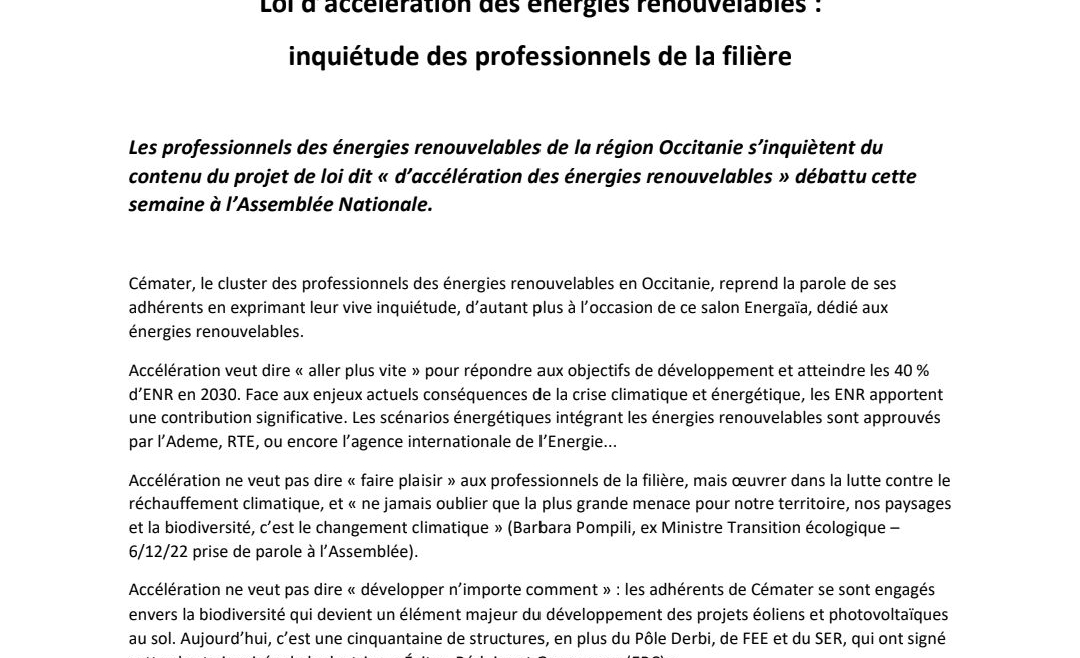 Relations presse : Cemater s&rsquo;exprime sur la loi d&rsquo;accélération des énergies renouvelables